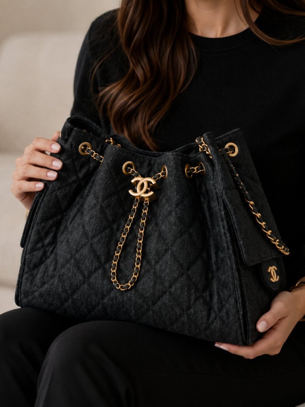 Luxury Quilted Denim Bucket Tote Bag Gold Chain Large Black Shoulder Handbag Set